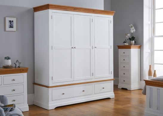 Farmhouse White Painted 3 Door Triple Wardrobe with Drawers