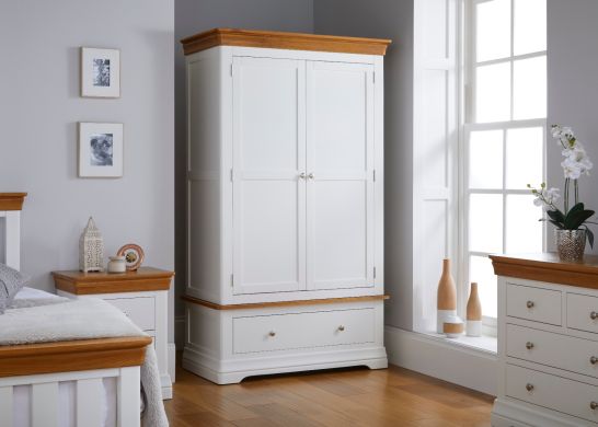 Farmhouse White Painted 2 Door Double Wardrobe with Drawer