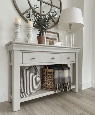 Toulouse 3 Drawer Large Grey Painted Console Table - Instagram Influencer photo @helenshomee