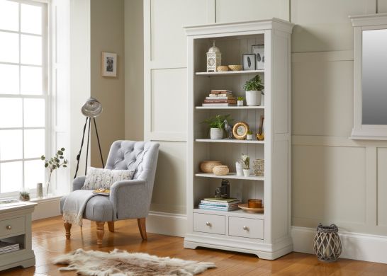 Toulouse Grey Painted Tall Bookcase 2 Storage Drawers