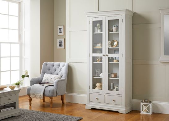 Toulouse Grey Painted Tall Glass Display Cabinet with Drawers