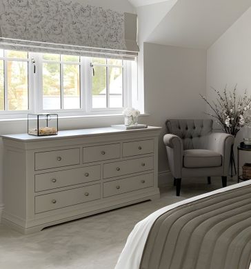 Guest room photo showing Toulouse French inspired Grey Painted 3 Over 4 Chest of Drawers in the home of @northumberland_family_home on Instagram