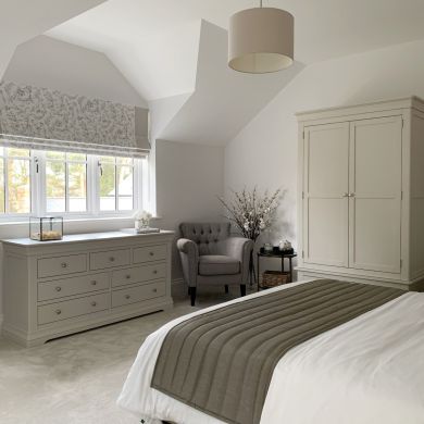 Guest room photo showing Toulouse Grey Painted 3 Over 4 Chest of Drawers & matching Double wardrobe in the home of @northumberland_family_home on Instagram

