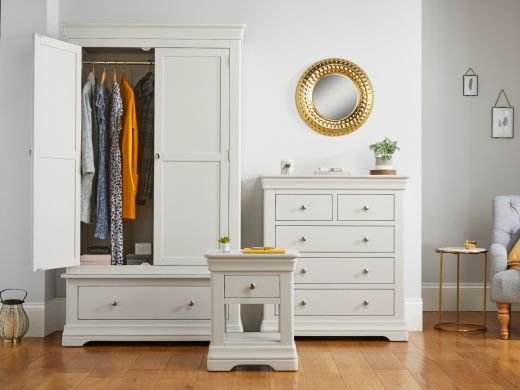 Toulouse Grey Bedroom Set, Wardrobe, Chest of Drawers, 1 Drawer Bedside Table