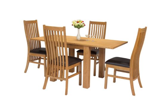 Lichfield Flip Top 80cm to 160cm Oak Table 4 Lichfield Brown Leather Oak Chair Set