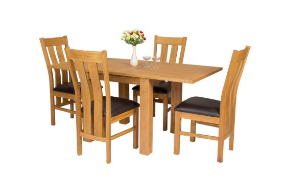 Lichfield Flip Top 80cm to 160cm Oak Table 4 Churchill Brown Leather Oak Chair Set