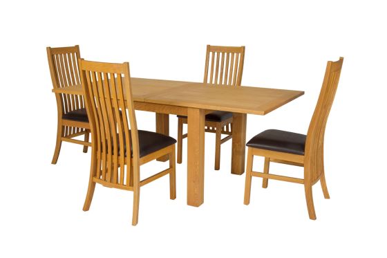 Flip Top 90cm 180cm Extending Oak Table 4 Lichfield Brown Leather Chair Set