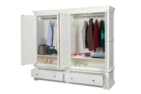 Toulouse White Painted 4 Door Double Hanging Quad Extra Large Wardrobe - inside view showing clothes