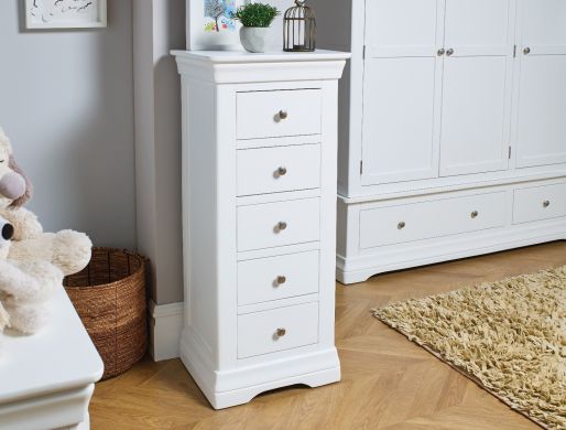 Toulouse White Painted 5 Drawer Wellington Tallboy Chest of Drawers - 10% OFF SPRING SALE