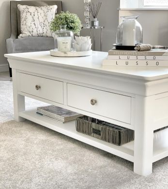 Toulouse White Painted Large Coffee Table 4 Drawers with Shelf Instagram Influencer @love.to.be.home living room photo