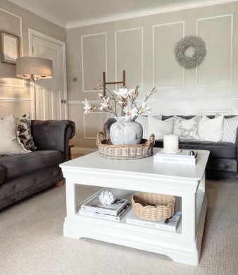 Toulouse White Painted 90cm Square Assembled Coffee Table With Shelf - @birkdalebuild on Instagram