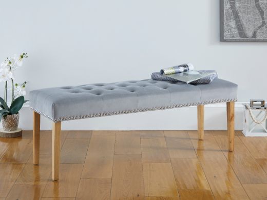 Highgrove Grey Velvet Fabric Studded Medium Oak Dining Bench
