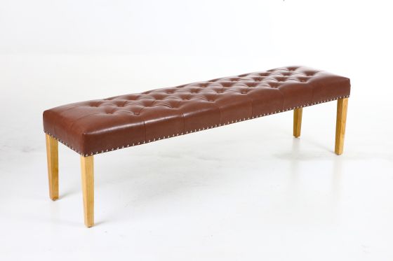 Highgrove Tan Brown Leather Studded Large Oak Dining Bench - 10% OFF CODE SAVE