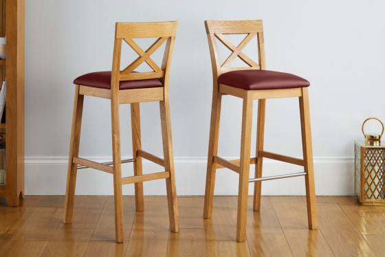 Java Cross Tall Oak Kitchen Bar Stool with Red Leather Pad