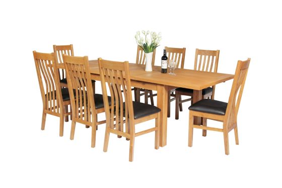 Lichfield Double Extending 240cm Oak Table 8 Chelsea Brown Leather Oak Chairs Set - SPRING SALE