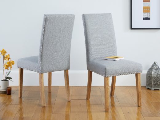 Mayfair Silver Grey Fabric Studded Oak Dining Chairs