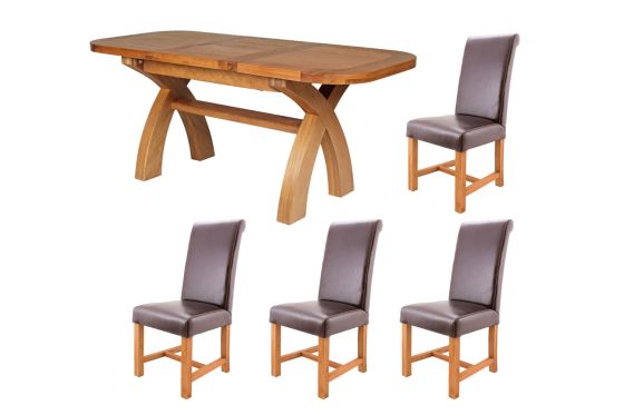 Country Oak 130cm to 180cm X Leg Oval and 4 Titan Brown Chairs