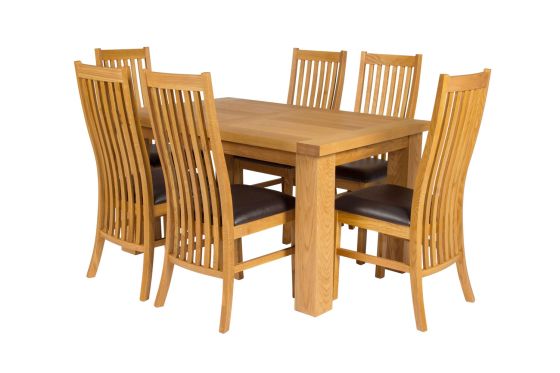 Riga 140cm Oak Table 6 Lichfield Brown Leather Oak Chair Set