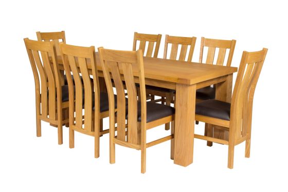 Riga 180cm Oak Table 8 Churchill Brown Leather Oak Chair Set
