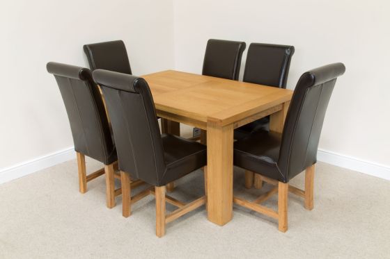 Riga 1.4m Oak Table 6 Titan Brown Leather Chairs Set