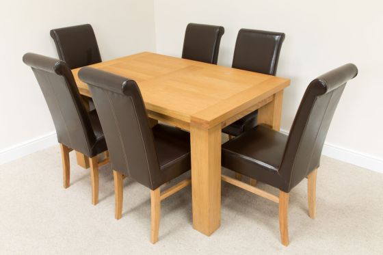Riga 1.4m Oak Table 6 Emperor Brown Leather Chairs Set