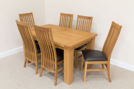 Riga 1.4m Oak Table Set 6 Lichfield Brown Leather Dining Chairs Set