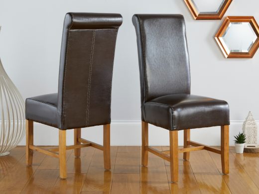 Titan Dark Brown Leather Scroll Back Dining Chairs Oak Legs