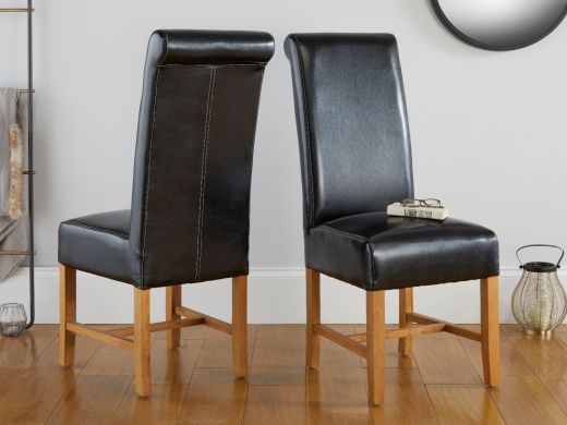 Titan Black Leather Scroll Back Dining Chairs with Oak Legs