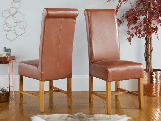 Titan Scroll Back Tan Brown Leather Dining Chair