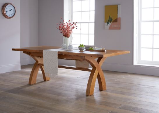 1.8 - 2.3m Country Oak Cross Leg Extending Dining Room Table - Chunky solid design