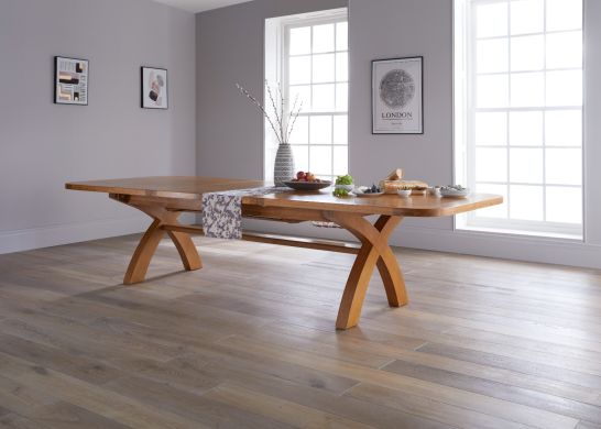 Country Oak 3.4m Large Double Extending Dining Table X Leg Oval Corners professional photo