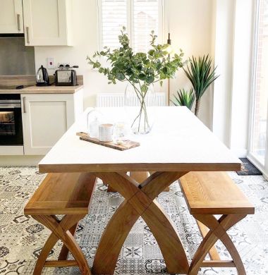 Country Oak 180cm Cross Leg Dining Table with matching benches from an Instagram customer