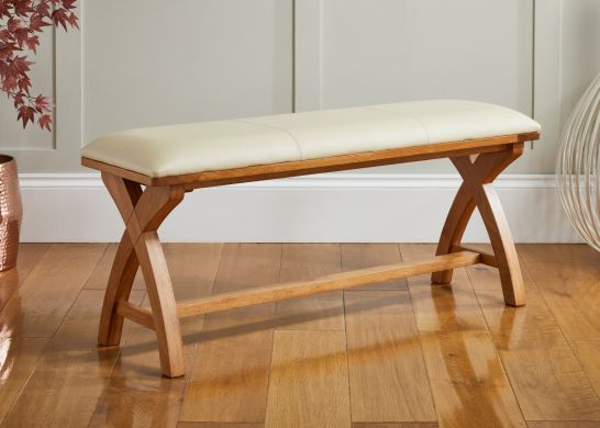 Country Oak 120cm Cream Leather Cross Leg Oak Bench