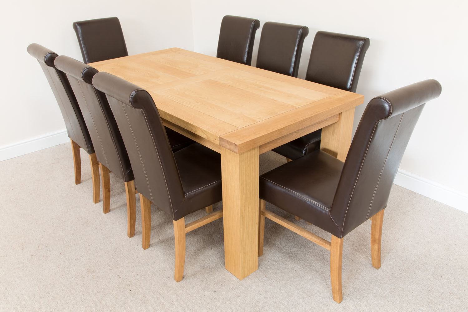 Riga 180cm Oak Table 8 Emperor Brown Leather Dining Chairs Set WINTER MEGA DEAL