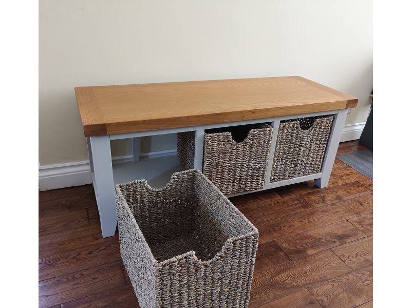 Cheshire Grey Painted Hallway Large Oak Shoe Bench with 3 Baskets Free Delivery Top Furniture